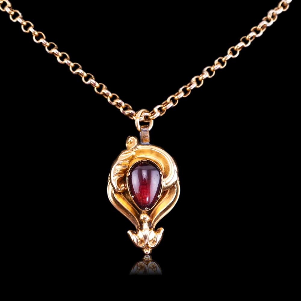 Antique Victorian 18ct Gold Garnet Cabochon Pendant Necklace - c.1840 View XVI