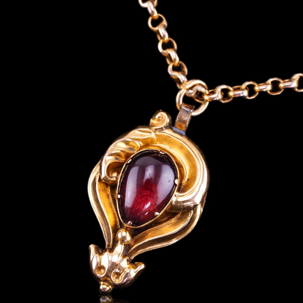 Antique Victorian 18ct Gold Garnet Cabochon Pendant Necklace - c.1840 View XVII