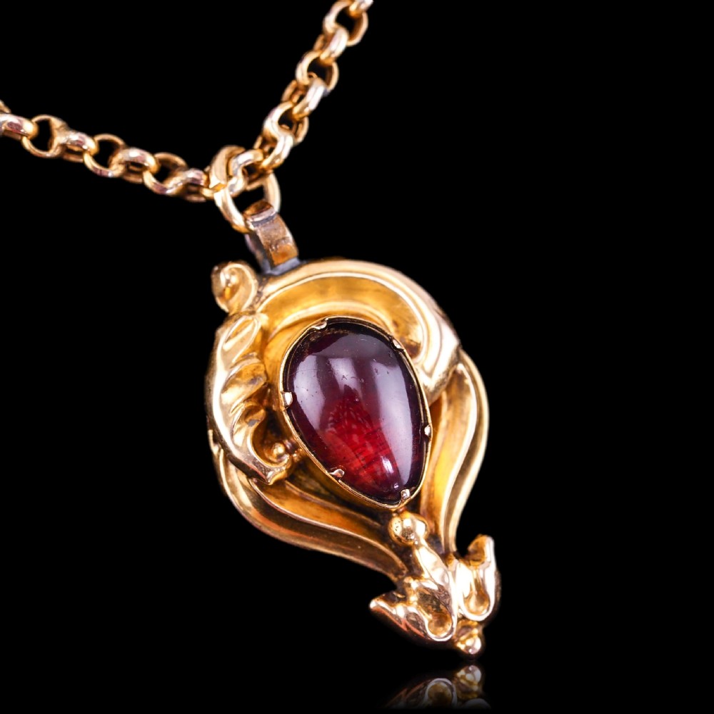 Antique Victorian 18ct Gold Garnet Cabochon Pendant Necklace - c.1840 View XVIII