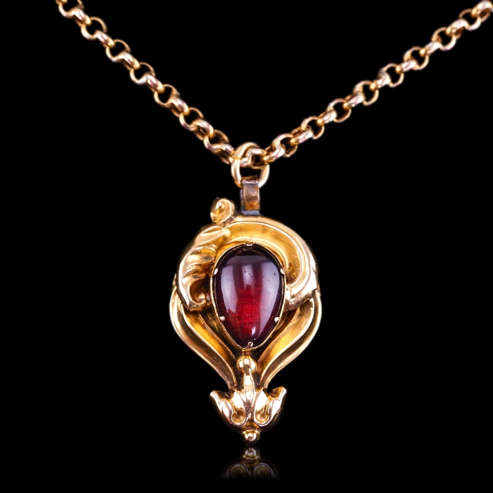 Antique Victorian 18ct Gold Garnet Cabochon Pendant Necklace - c.1840 View XIX