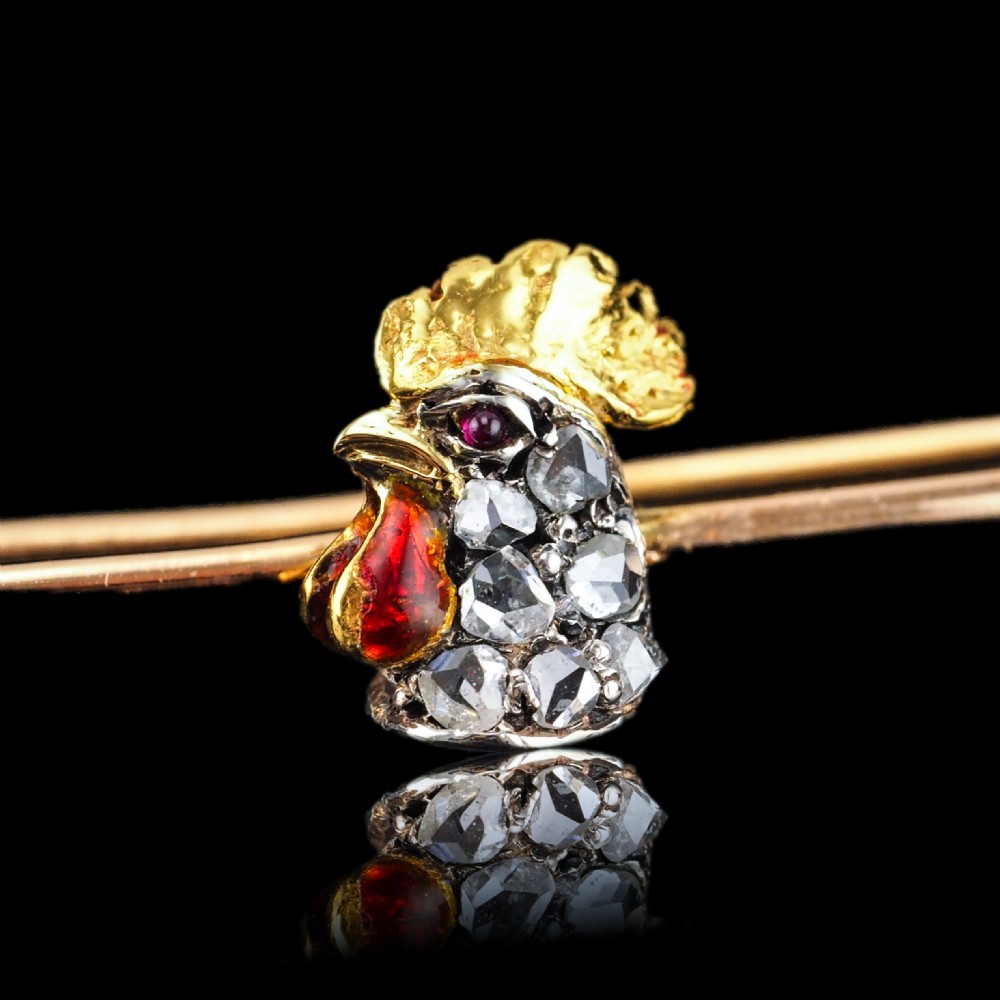 Antique Victorian Diamond and Ruby 15ct Gold Cockerel/Rooster/Chicken Brooch Pin - c.1890
