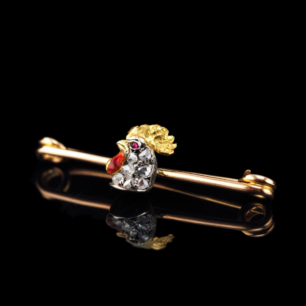 Antique Victorian Diamond and Ruby 15ct Gold Cockerel/Rooster/Chicken Brooch Pin - c.1890 View II
