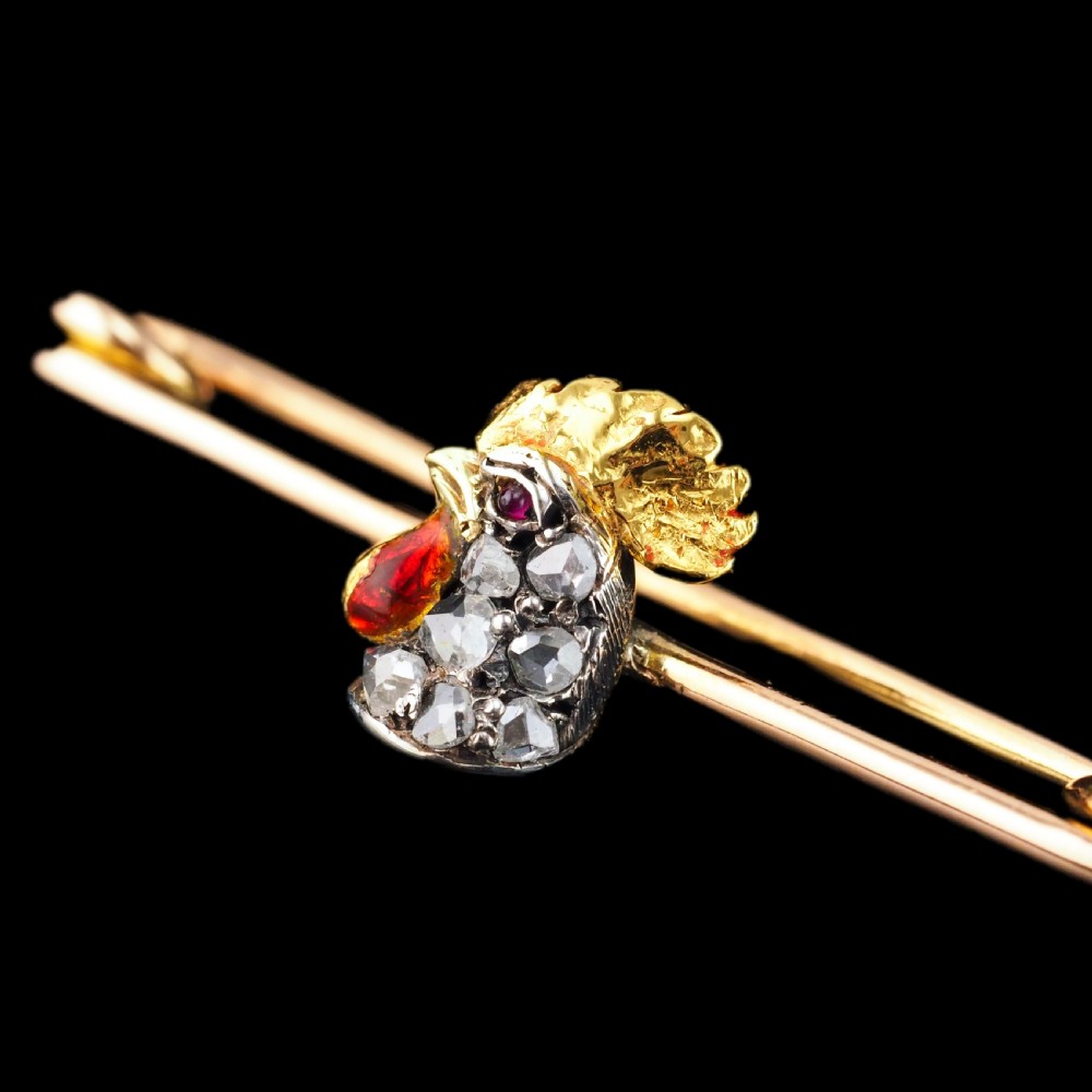 Antique Victorian Diamond and Ruby 15ct Gold Cockerel/Rooster/Chicken Brooch Pin - c.1890 View III