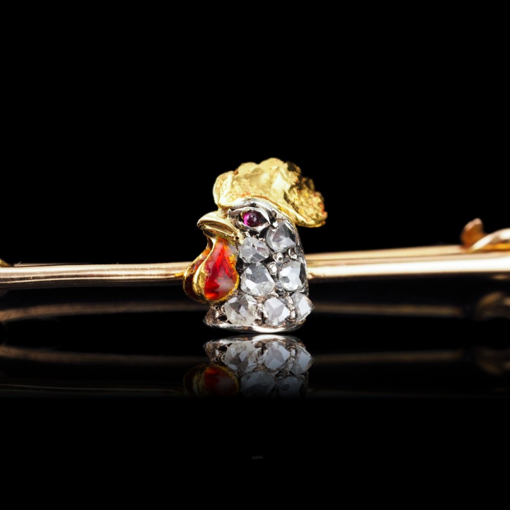Antique Victorian Diamond and Ruby 15ct Gold Cockerel/Rooster/Chicken Brooch Pin - c.1890 View IV
