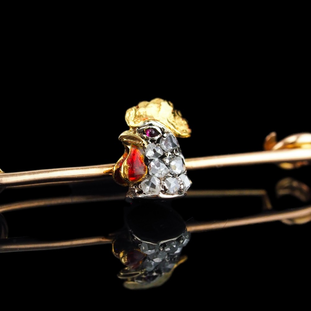 Antique Victorian Diamond and Ruby 15ct Gold Cockerel/Rooster/Chicken Brooch Pin - c.1890 View V