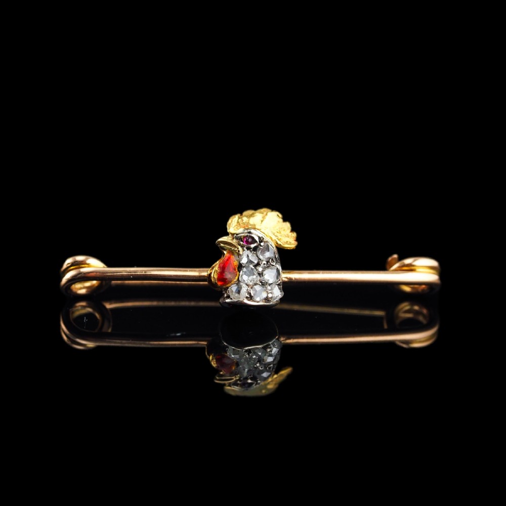 Antique Victorian Diamond and Ruby 15ct Gold Cockerel/Rooster/Chicken Brooch Pin - c.1890 View VII