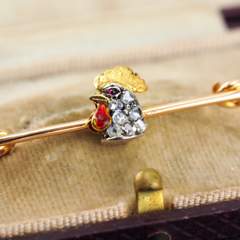 Antique Victorian Diamond and Ruby 15ct Gold Cockerel/Rooster/Chicken Brooch Pin - c.1890 View IX