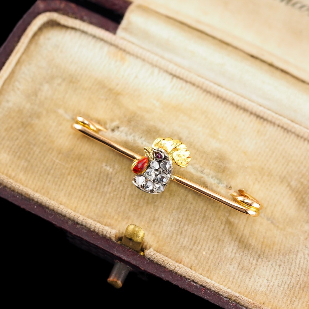Antique Victorian Diamond and Ruby 15ct Gold Cockerel/Rooster/Chicken Brooch Pin - c.1890 View X