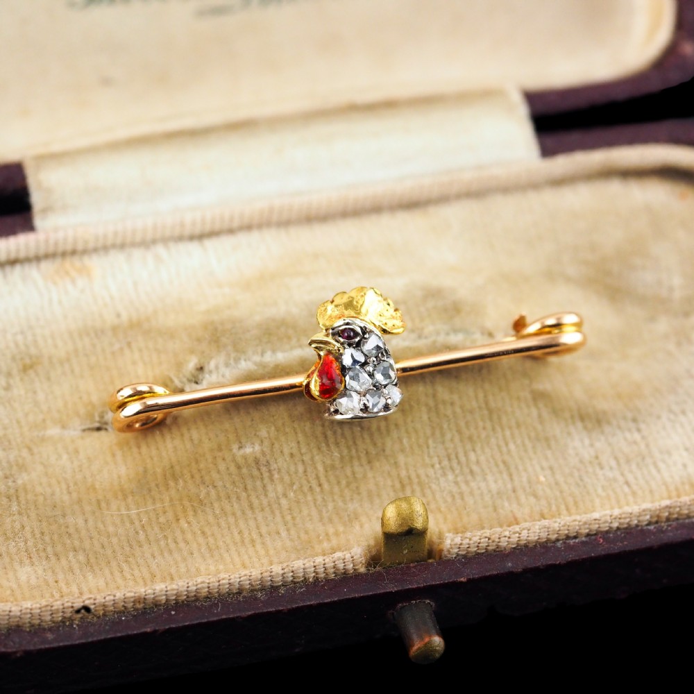 Antique Victorian Diamond and Ruby 15ct Gold Cockerel/Rooster/Chicken Brooch Pin - c.1890 View XI