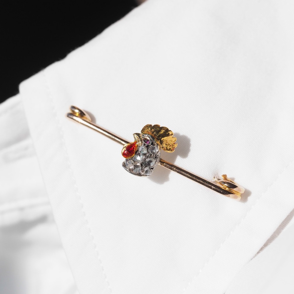 Antique Victorian Diamond and Ruby 15ct Gold Cockerel/Rooster/Chicken Brooch Pin - c.1890 View XVII