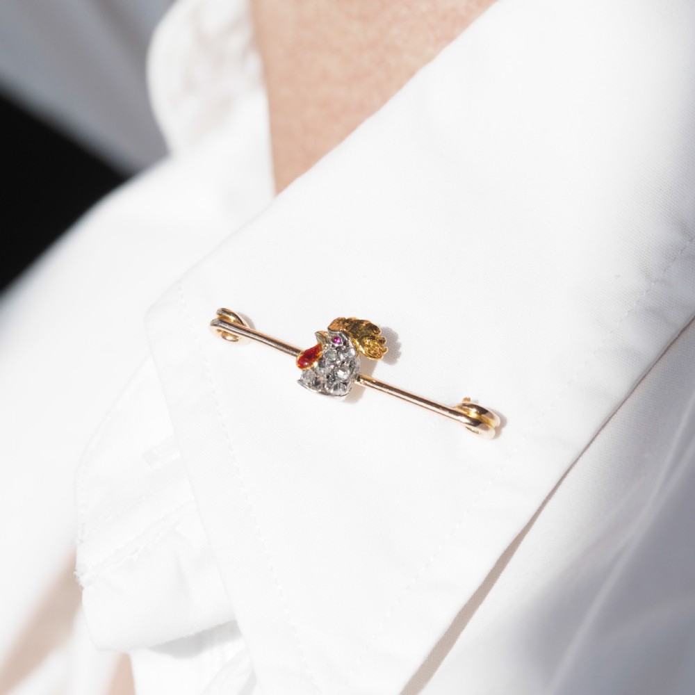 Antique Victorian Diamond and Ruby 15ct Gold Cockerel/Rooster/Chicken Brooch Pin - c.1890 View XIX