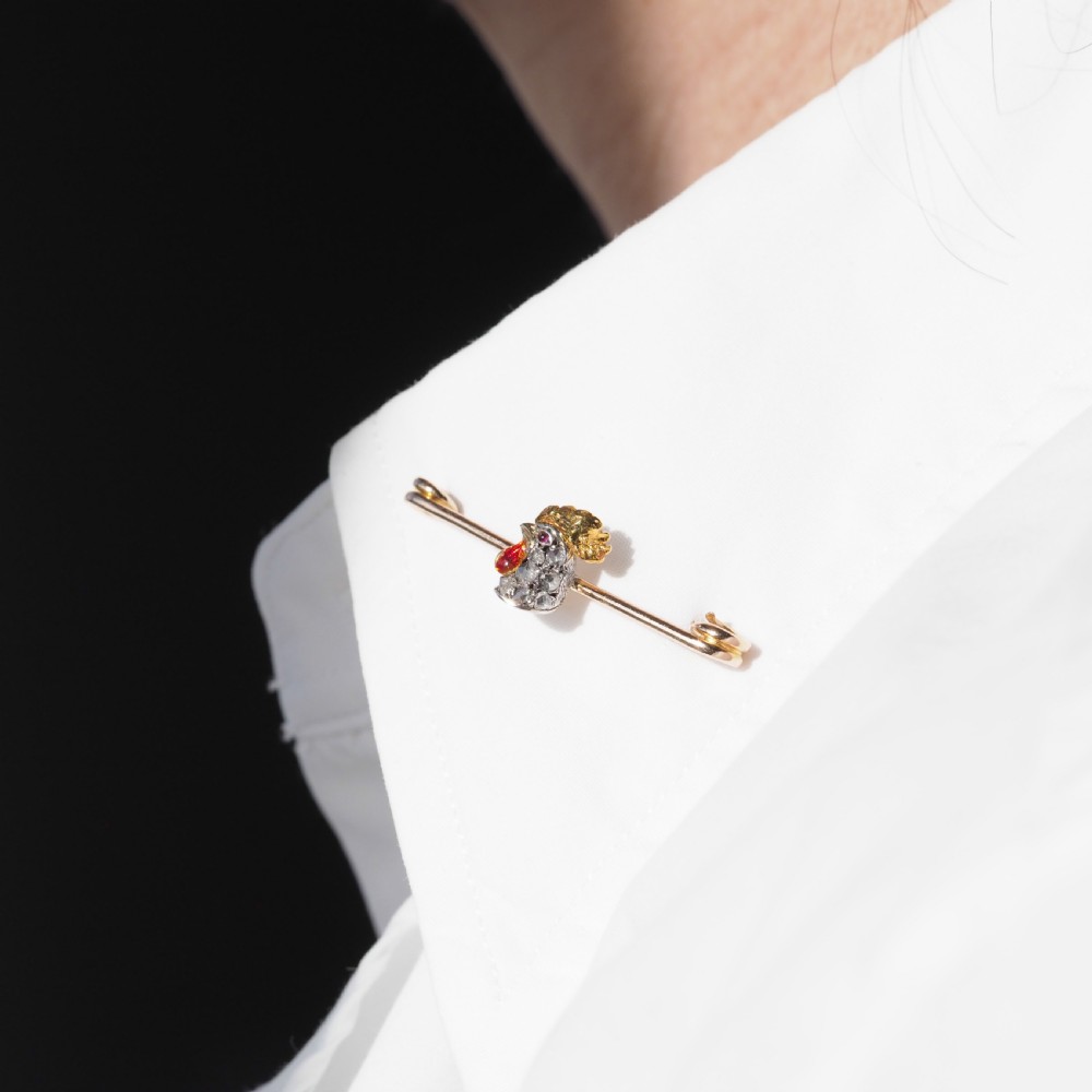 Antique Victorian Diamond and Ruby 15ct Gold Cockerel/Rooster/Chicken Brooch Pin - c.1890 View XX