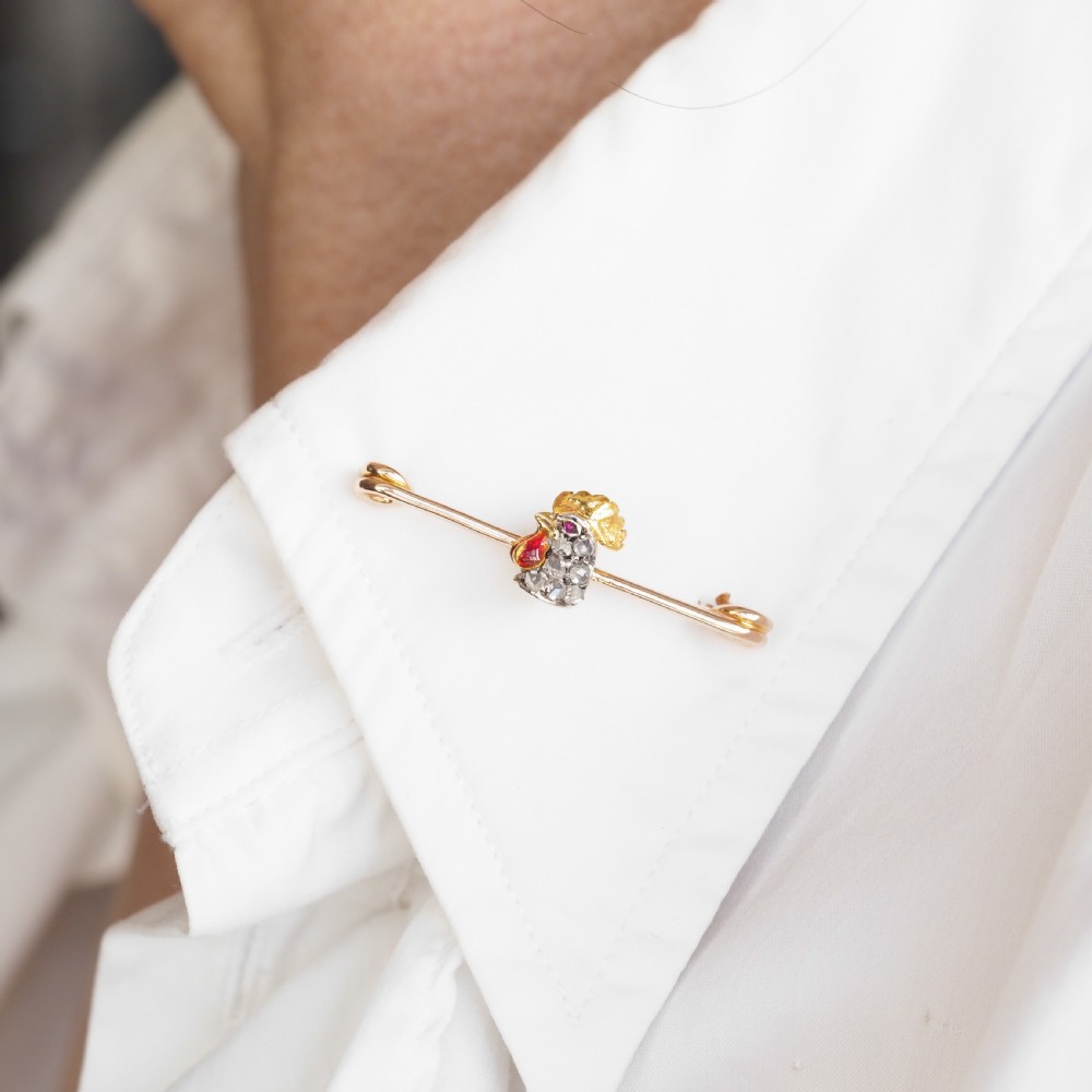 Antique Victorian Diamond and Ruby 15ct Gold Cockerel/Rooster/Chicken Brooch Pin - c.1890 View XXI