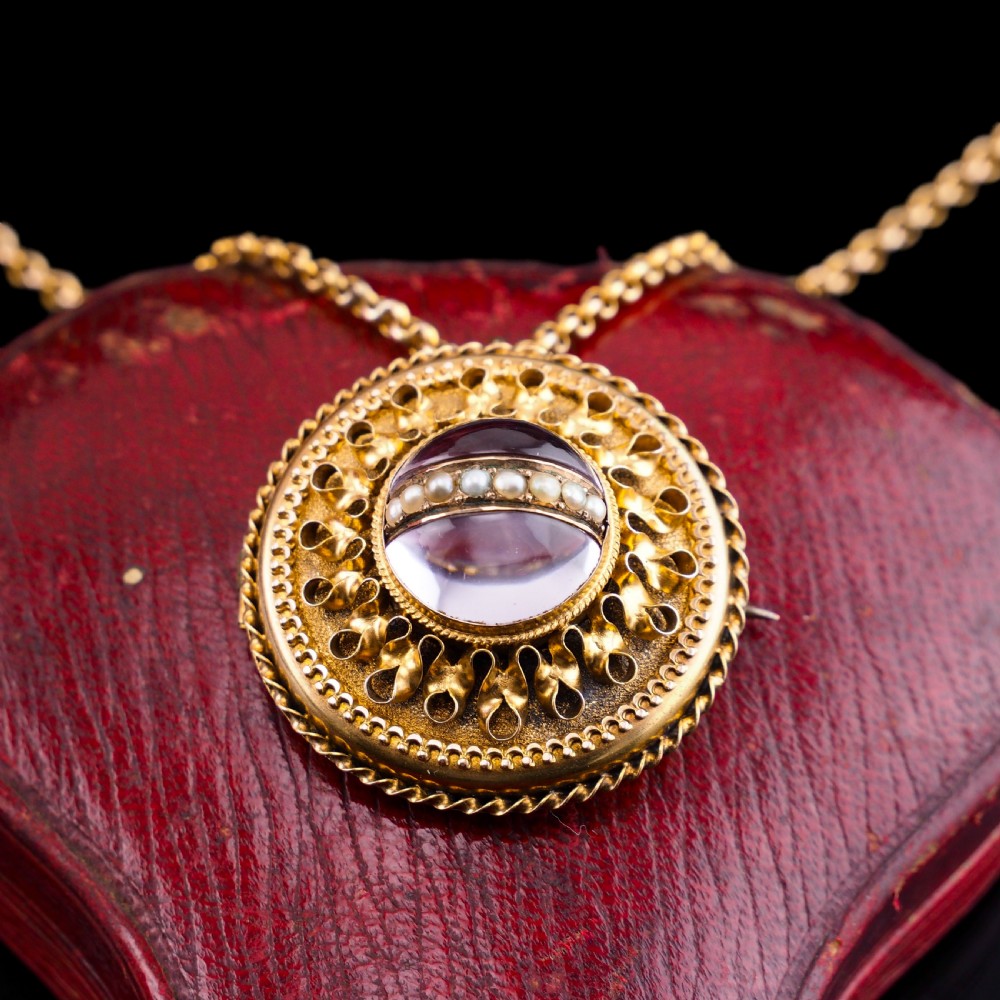 Spectacular Antique Victorian Etruscan Style 15ct Gold Rock Crystal Cabochon Pendant Necklace - c.1870