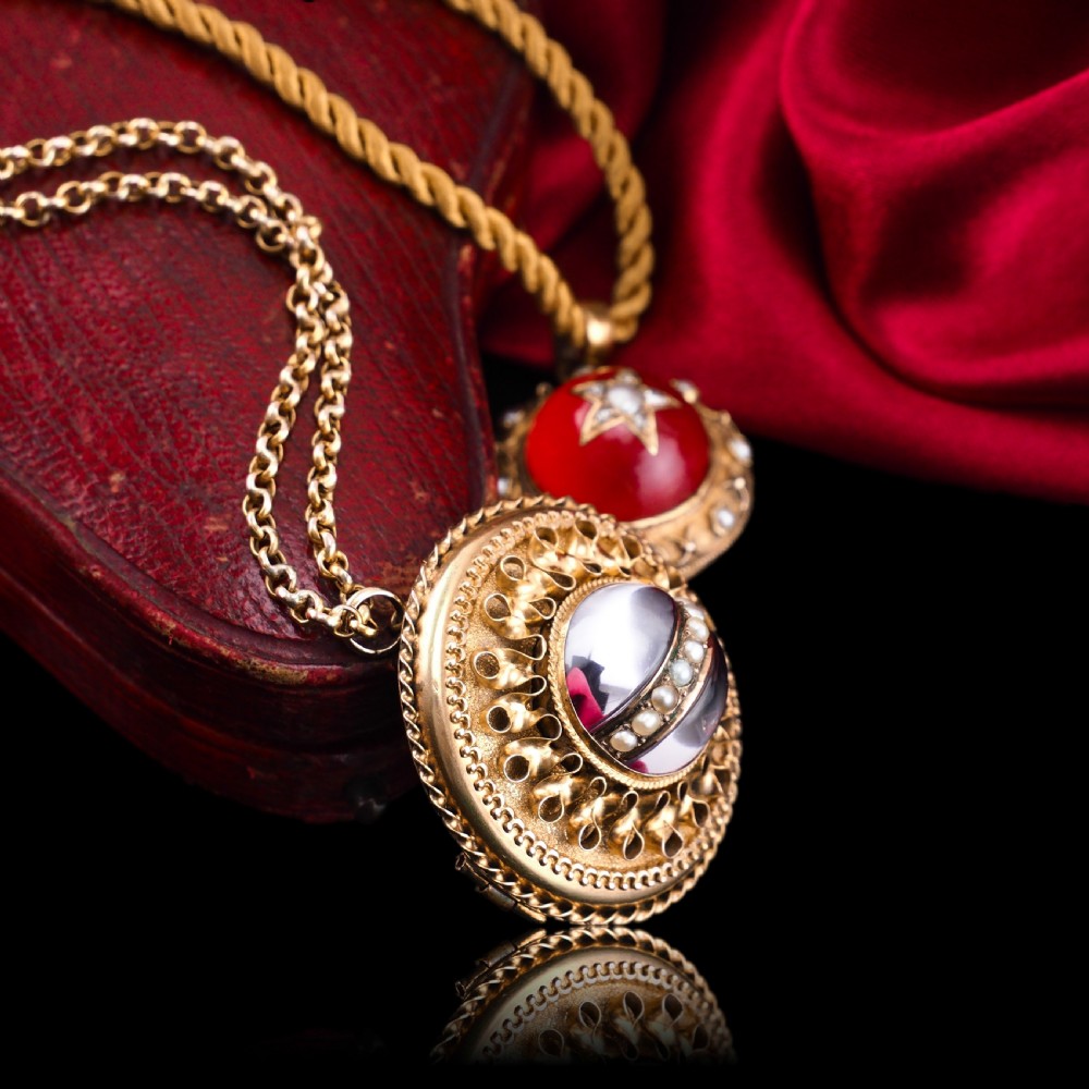 Spectacular Antique Victorian Etruscan Style 15ct Gold Rock Crystal Cabochon Pendant Necklace - c.1870 View IV