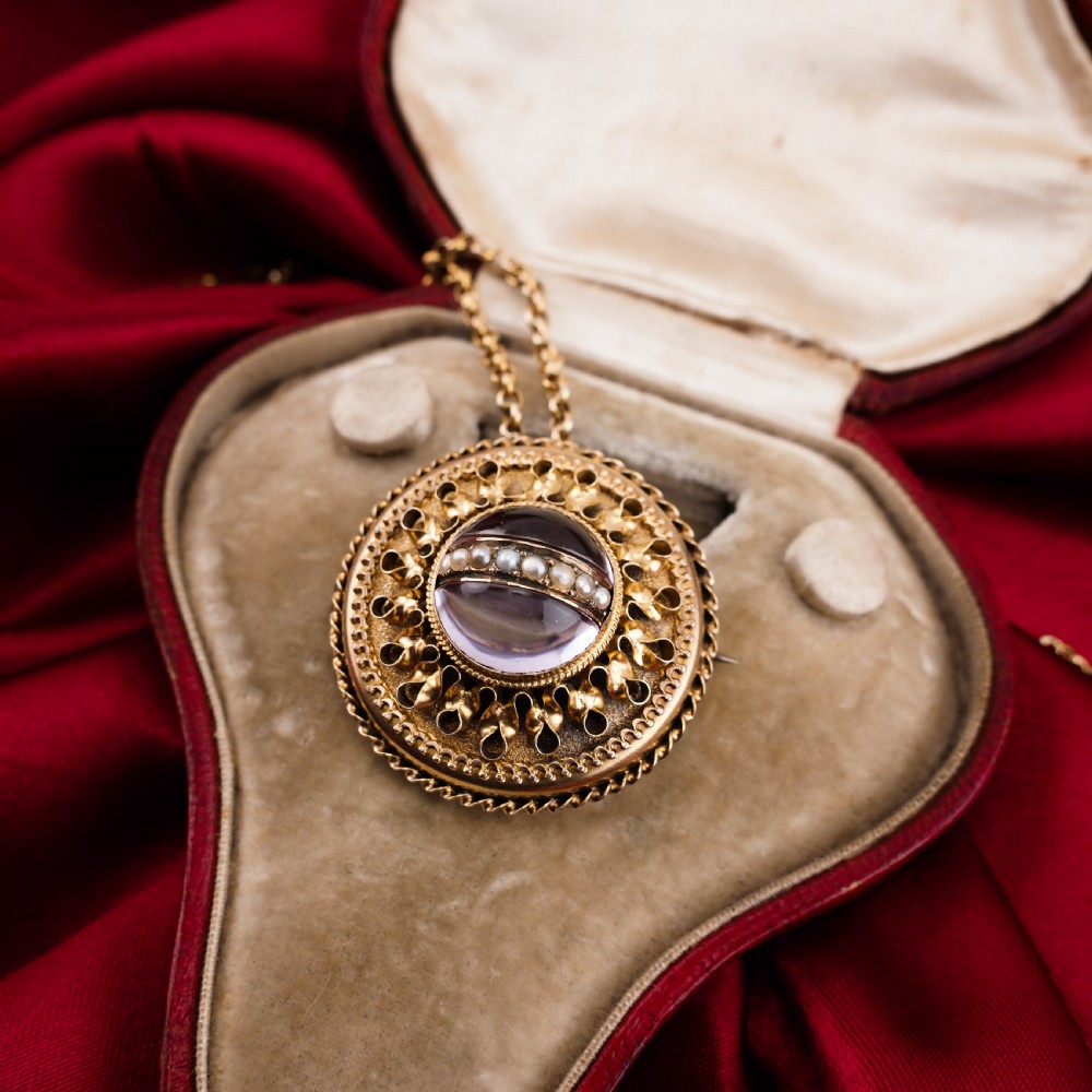 Spectacular Antique Victorian Etruscan Style 15ct Gold Rock Crystal Cabochon Pendant Necklace - c.1870 View V