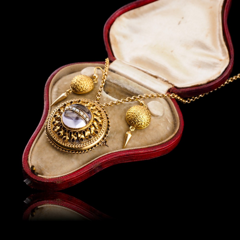 Spectacular Antique Victorian Etruscan Style 15ct Gold Rock Crystal Cabochon Pendant Necklace - c.1870 View VII