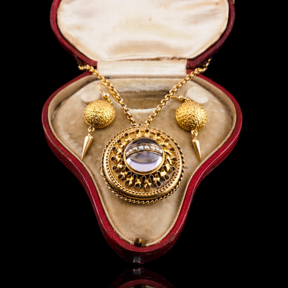 Spectacular Antique Victorian Etruscan Style 15ct Gold Rock Crystal Cabochon Pendant Necklace - c.1870 View VIII