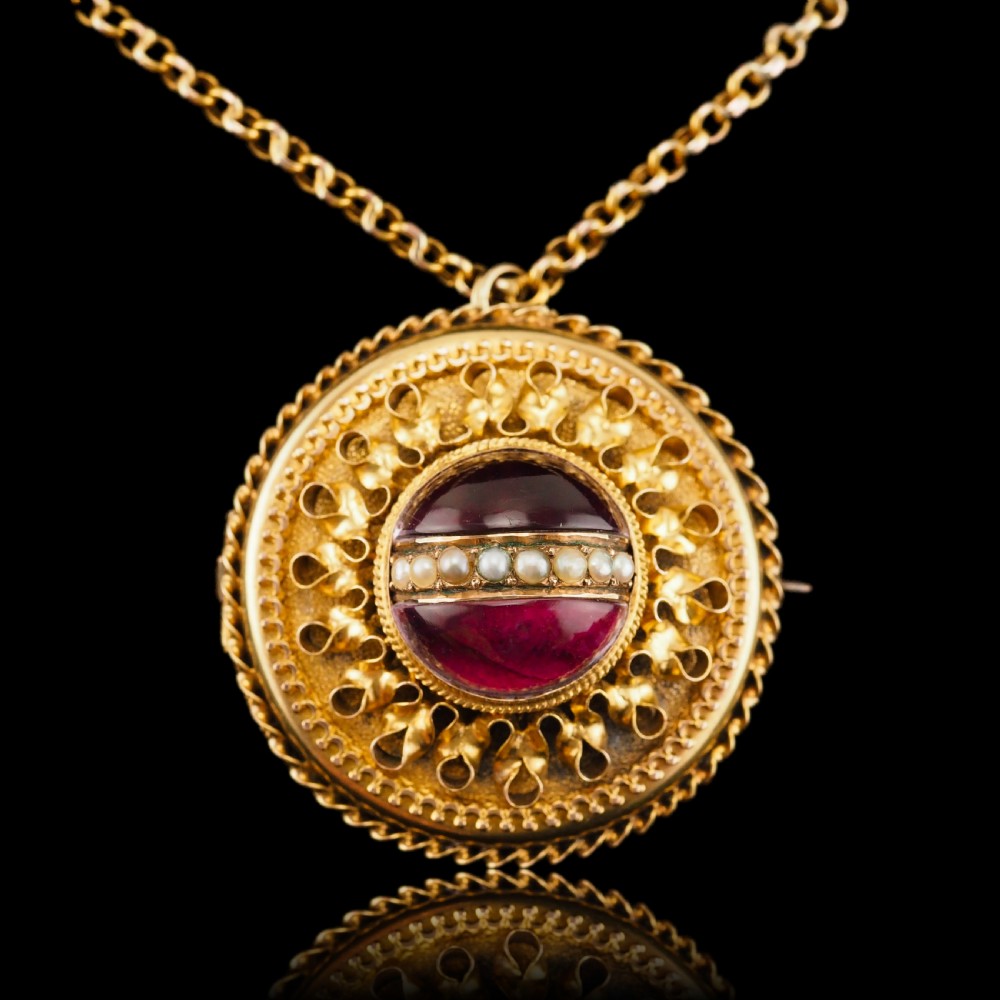 Spectacular Antique Victorian Etruscan Style 15ct Gold Rock Crystal Cabochon Pendant Necklace - c.1870 View XI