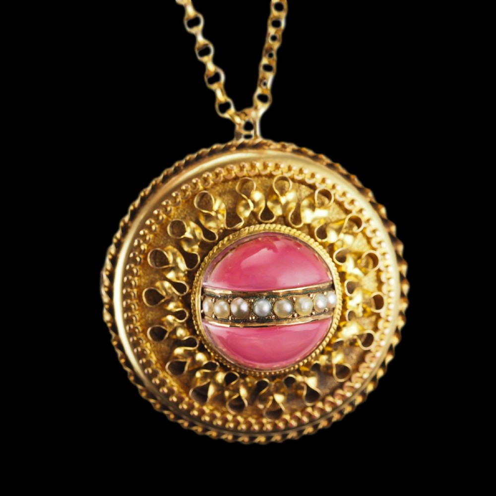 Spectacular Antique Victorian Etruscan Style 15ct Gold Rock Crystal Cabochon Pendant Necklace - c.1870 View XII