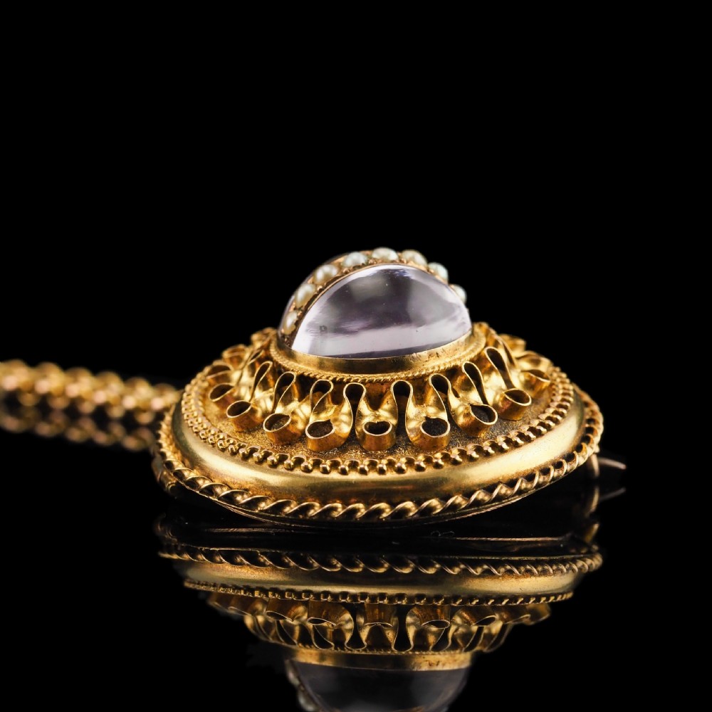 Spectacular Antique Victorian Etruscan Style 15ct Gold Rock Crystal Cabochon Pendant Necklace - c.1870 View XIII