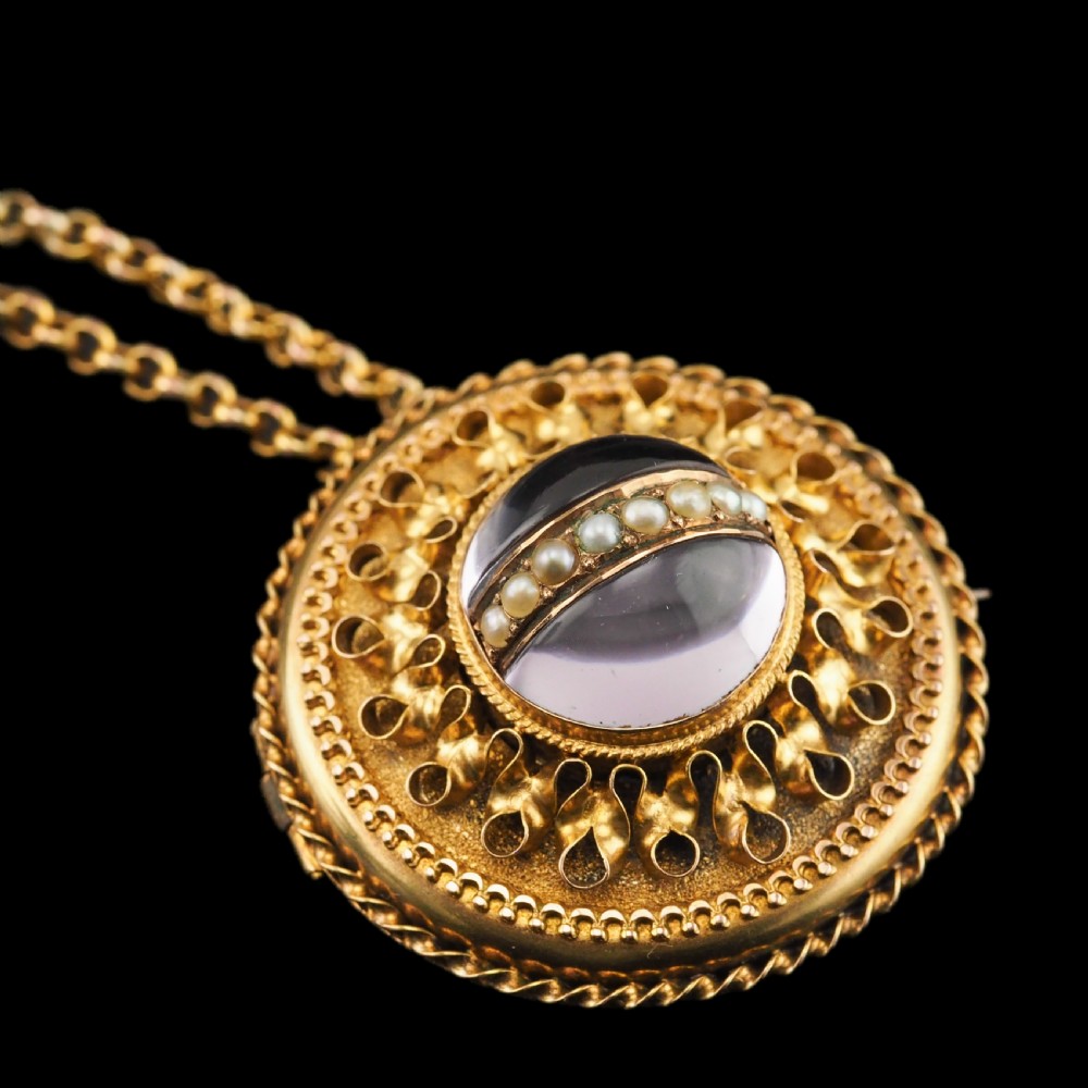 Spectacular Antique Victorian Etruscan Style 15ct Gold Rock Crystal Cabochon Pendant Necklace - c.1870 View XV