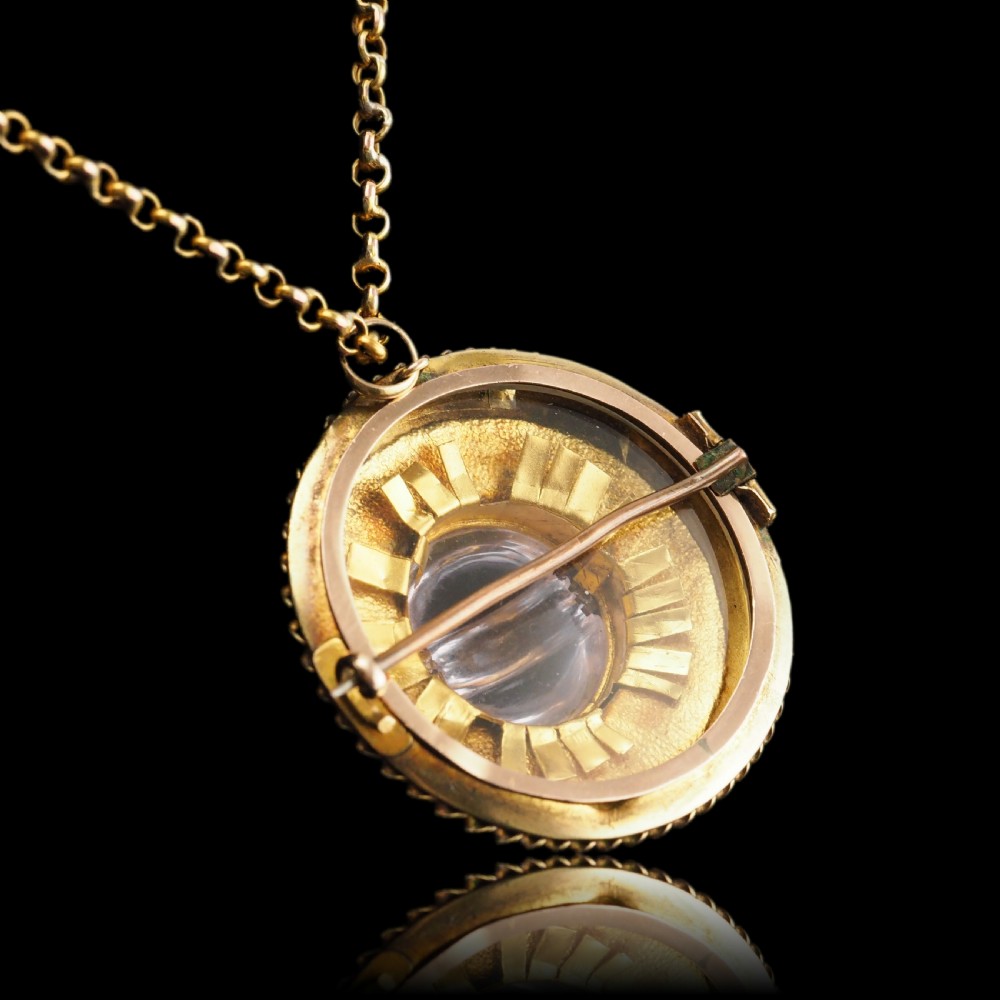 Spectacular Antique Victorian Etruscan Style 15ct Gold Rock Crystal Cabochon Pendant Necklace - c.1870 View XVI