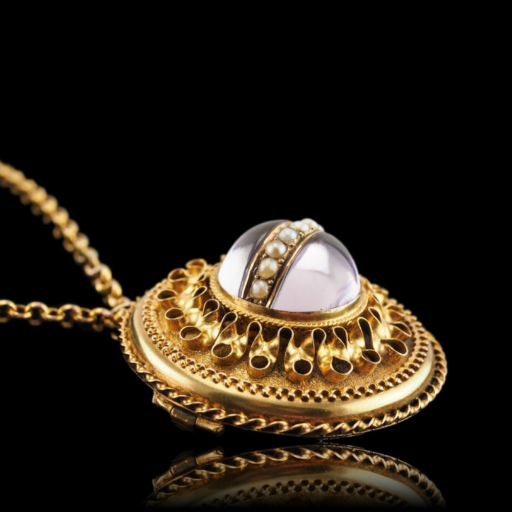Spectacular Antique Victorian Etruscan Style 15ct Gold Rock Crystal Cabochon Pendant Necklace - c.1870 View XVII