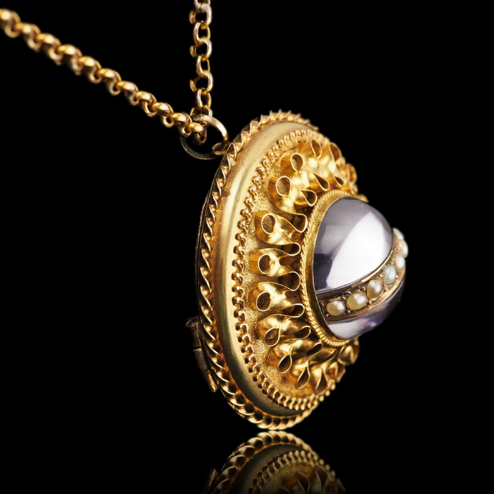 Spectacular Antique Victorian Etruscan Style 15ct Gold Rock Crystal Cabochon Pendant Necklace - c.1870 View XVIII