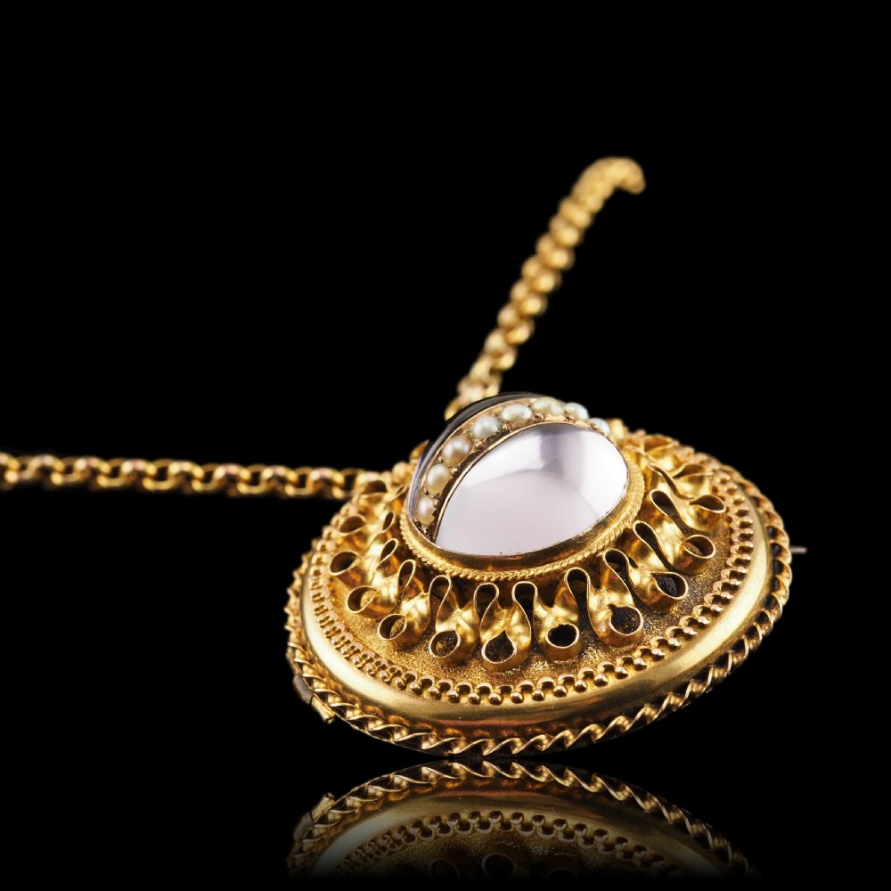 Spectacular Antique Victorian Etruscan Style 15ct Gold Rock Crystal Cabochon Pendant Necklace - c.1870 View XX