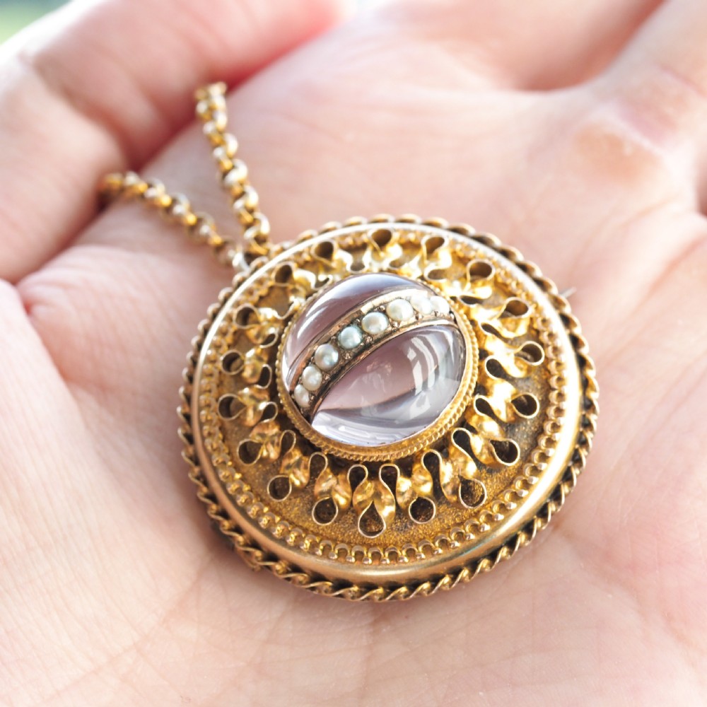 Spectacular Antique Victorian Etruscan Style 15ct Gold Rock Crystal Cabochon Pendant Necklace - c.1870 View XXIII