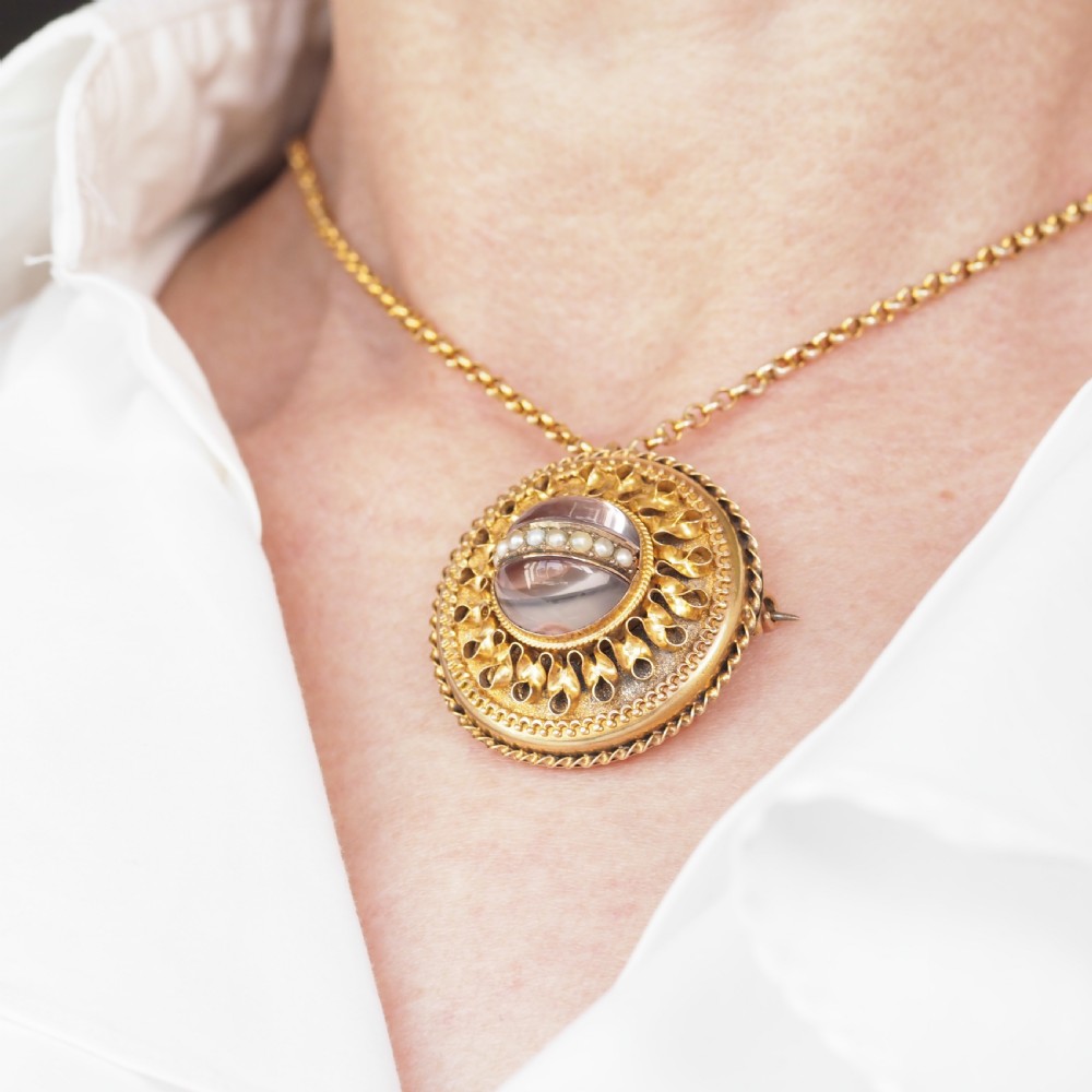 Spectacular Antique Victorian Etruscan Style 15ct Gold Rock Crystal Cabochon Pendant Necklace - c.1870 View XXIV