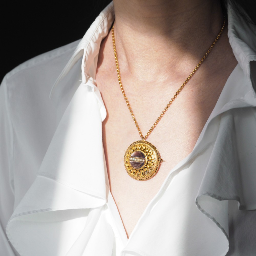Spectacular Antique Victorian Etruscan Style 15ct Gold Rock Crystal Cabochon Pendant Necklace - c.1870 View XXVI