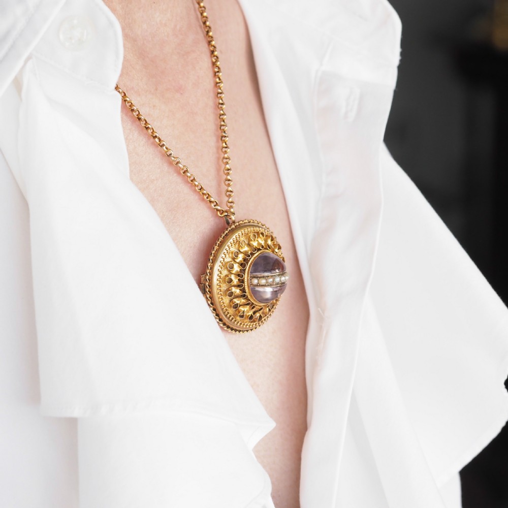 Spectacular Antique Victorian Etruscan Style 15ct Gold Rock Crystal Cabochon Pendant Necklace - c.1870 View XXVII