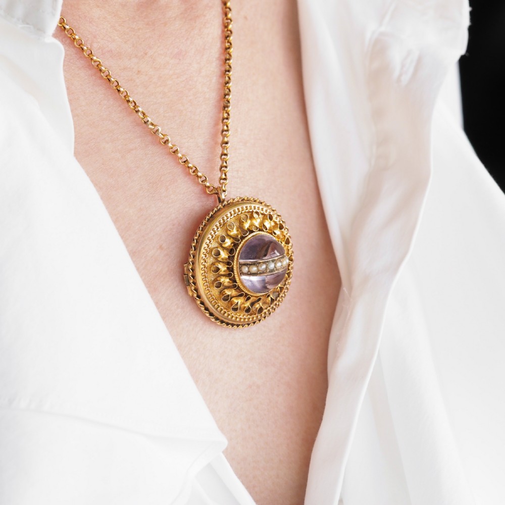 Spectacular Antique Victorian Etruscan Style 15ct Gold Rock Crystal Cabochon Pendant Necklace - c.1870 View XXVIII