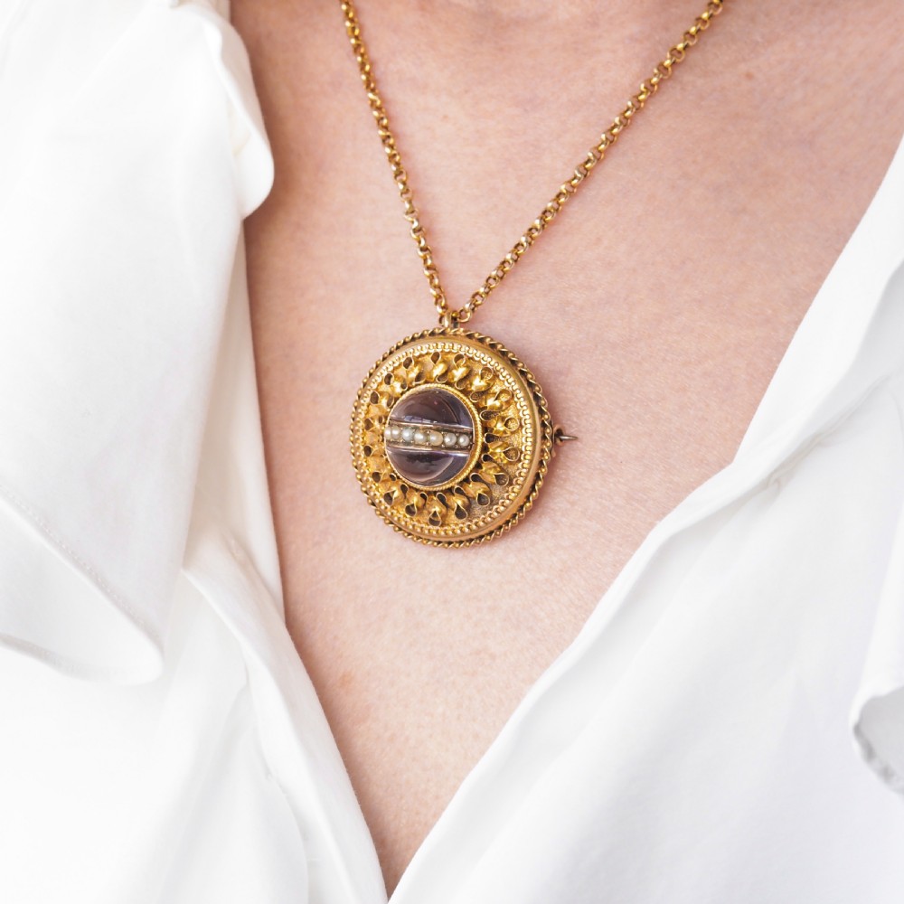 Spectacular Antique Victorian Etruscan Style 15ct Gold Rock Crystal Cabochon Pendant Necklace - c.1870 View XXIX