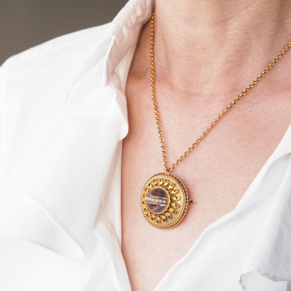 Spectacular Antique Victorian Etruscan Style 15ct Gold Rock Crystal Cabochon Pendant Necklace - c.1870 View XXX