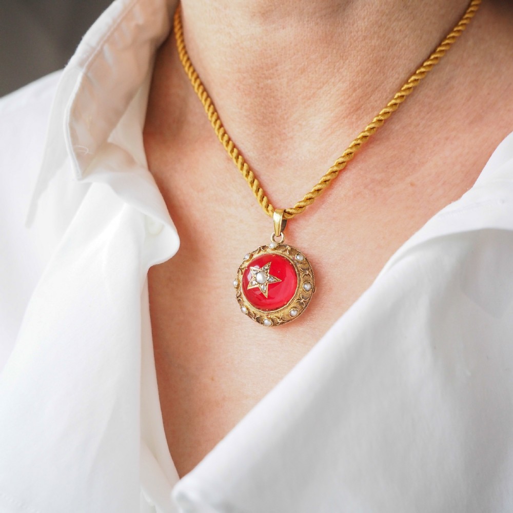 Antique Victorian Diamond & Pearl Star Necklace with Red Rock Crystal Cabochon 15ct Gold - c.1880 View III