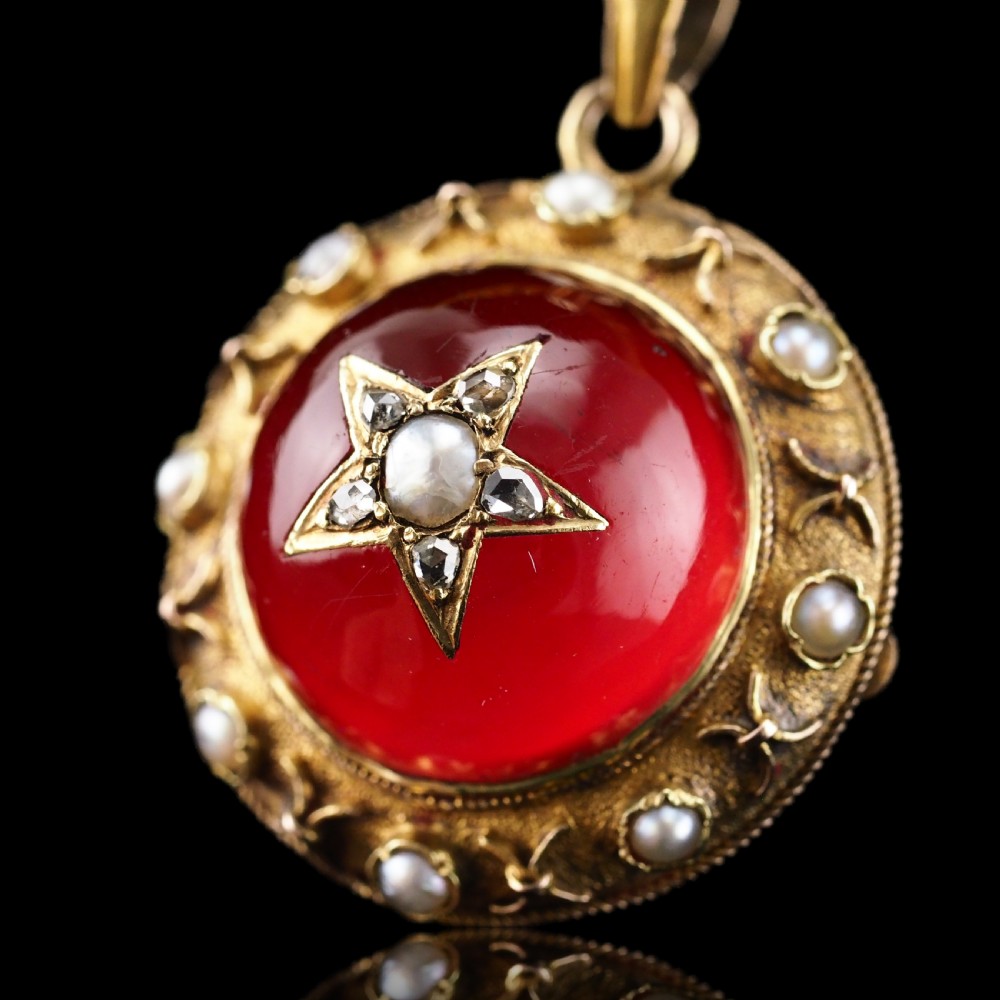 Antique Victorian Diamond & Pearl Star Necklace with Red Rock Crystal Cabochon 15ct Gold - c.1880 View V