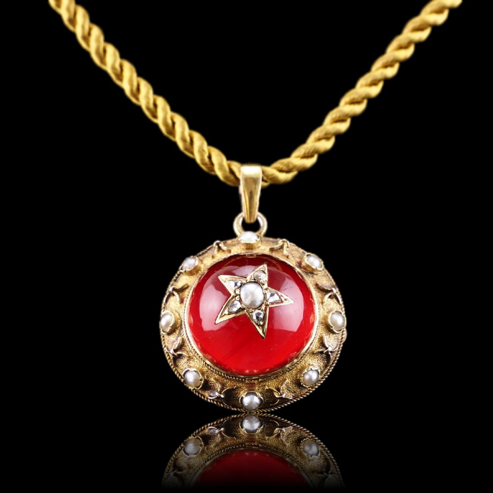 Antique Victorian Diamond & Pearl Star Necklace with Red Rock Crystal Cabochon 15ct Gold - c.1880 View VII
