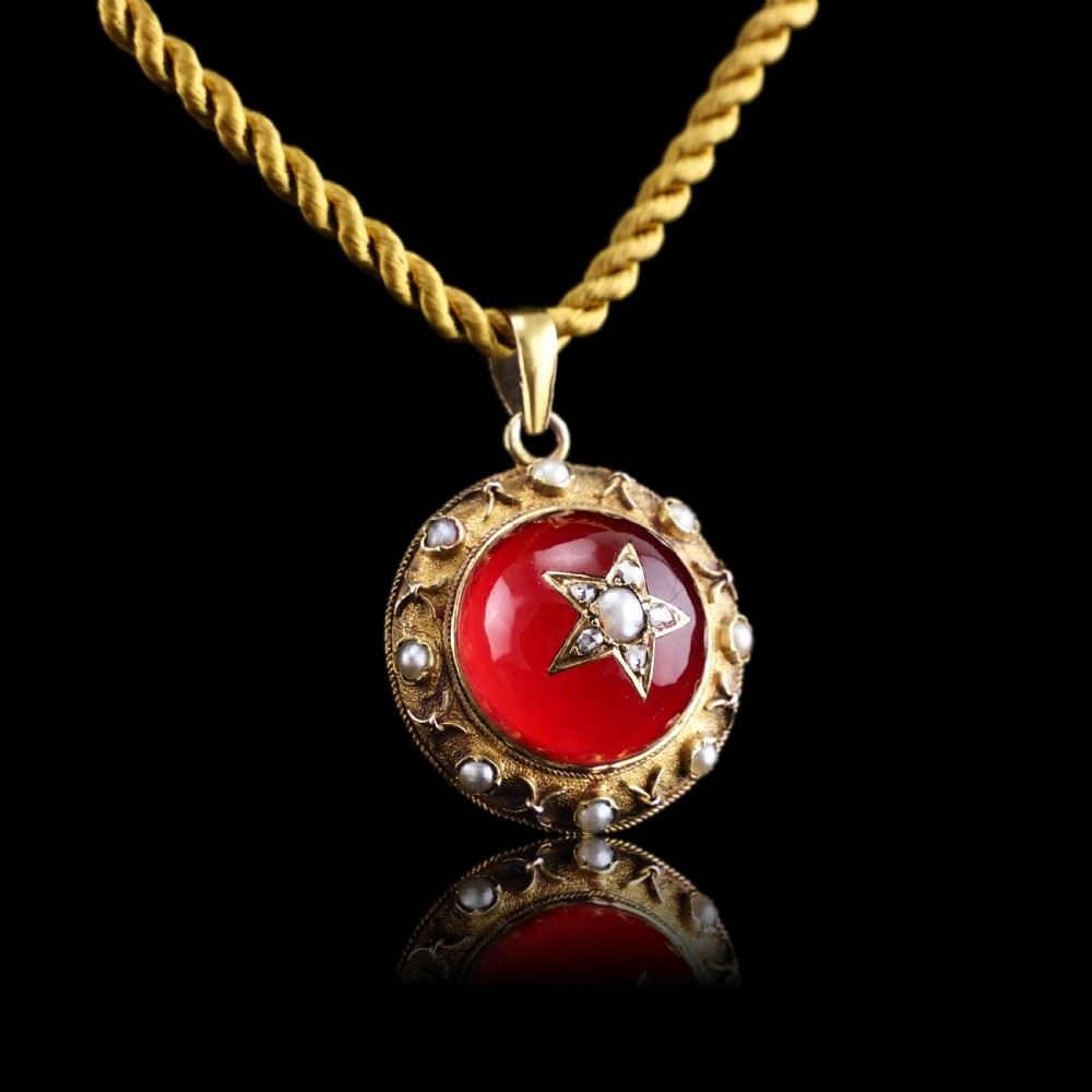 Antique Victorian Diamond & Pearl Star Necklace with Red Rock Crystal Cabochon 15ct Gold - c.1880 View VIII