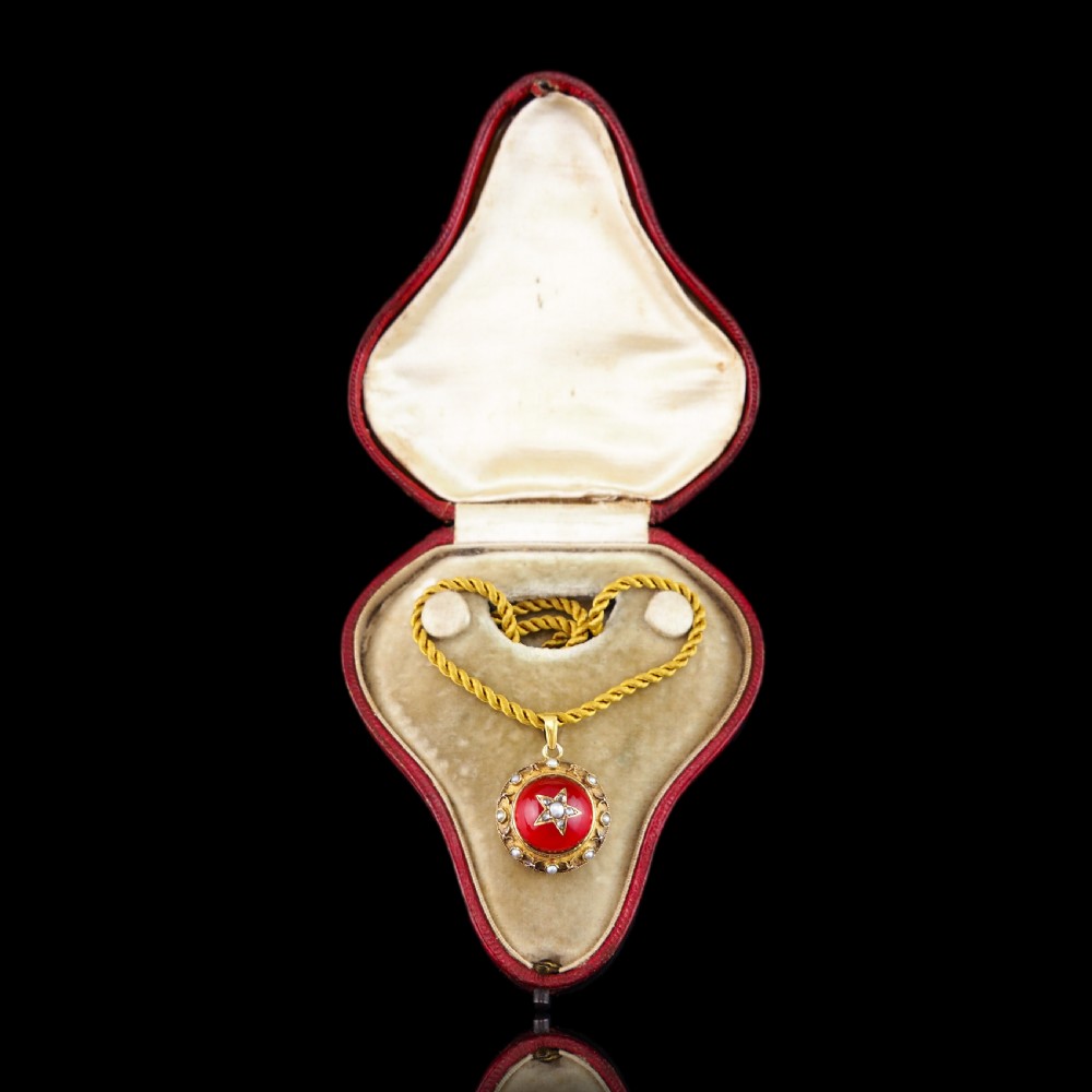 Antique Victorian Diamond & Pearl Star Necklace with Red Rock Crystal Cabochon 15ct Gold - c.1880 View XVIII