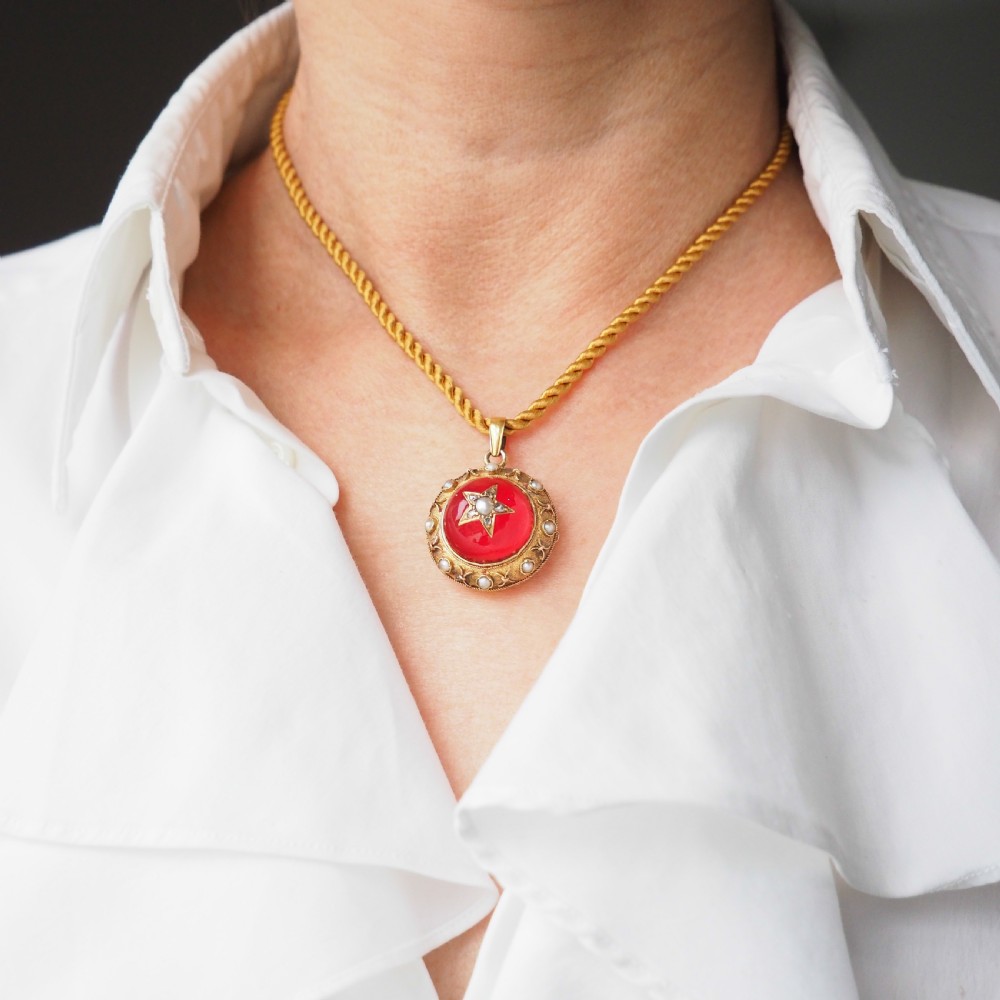 Antique Victorian Diamond & Pearl Star Necklace with Red Rock Crystal Cabochon 15ct Gold - c.1880 View XXVI