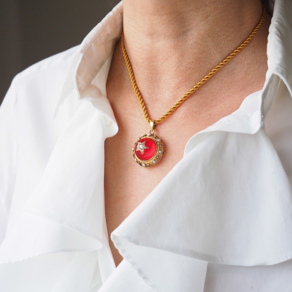 Antique Victorian Diamond & Pearl Star Necklace with Red Rock Crystal Cabochon 15ct Gold - c.1880 View XXVIII