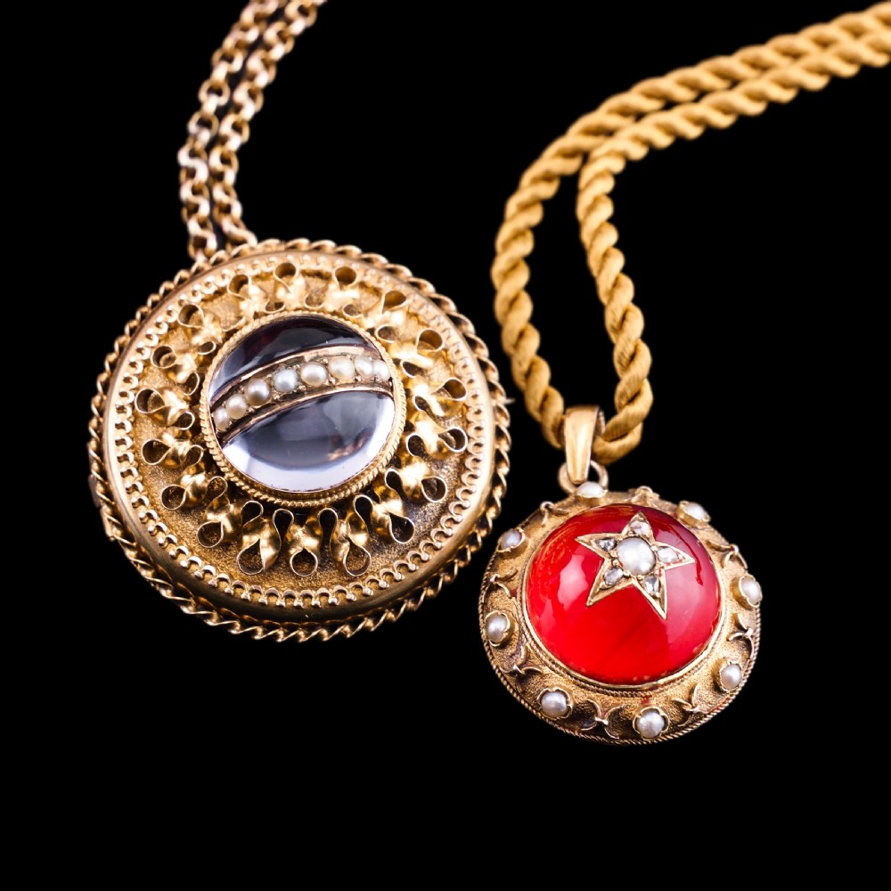 Antique Victorian Diamond & Pearl Star Necklace with Red Rock Crystal Cabochon 15ct Gold - c.1880 View XXIX