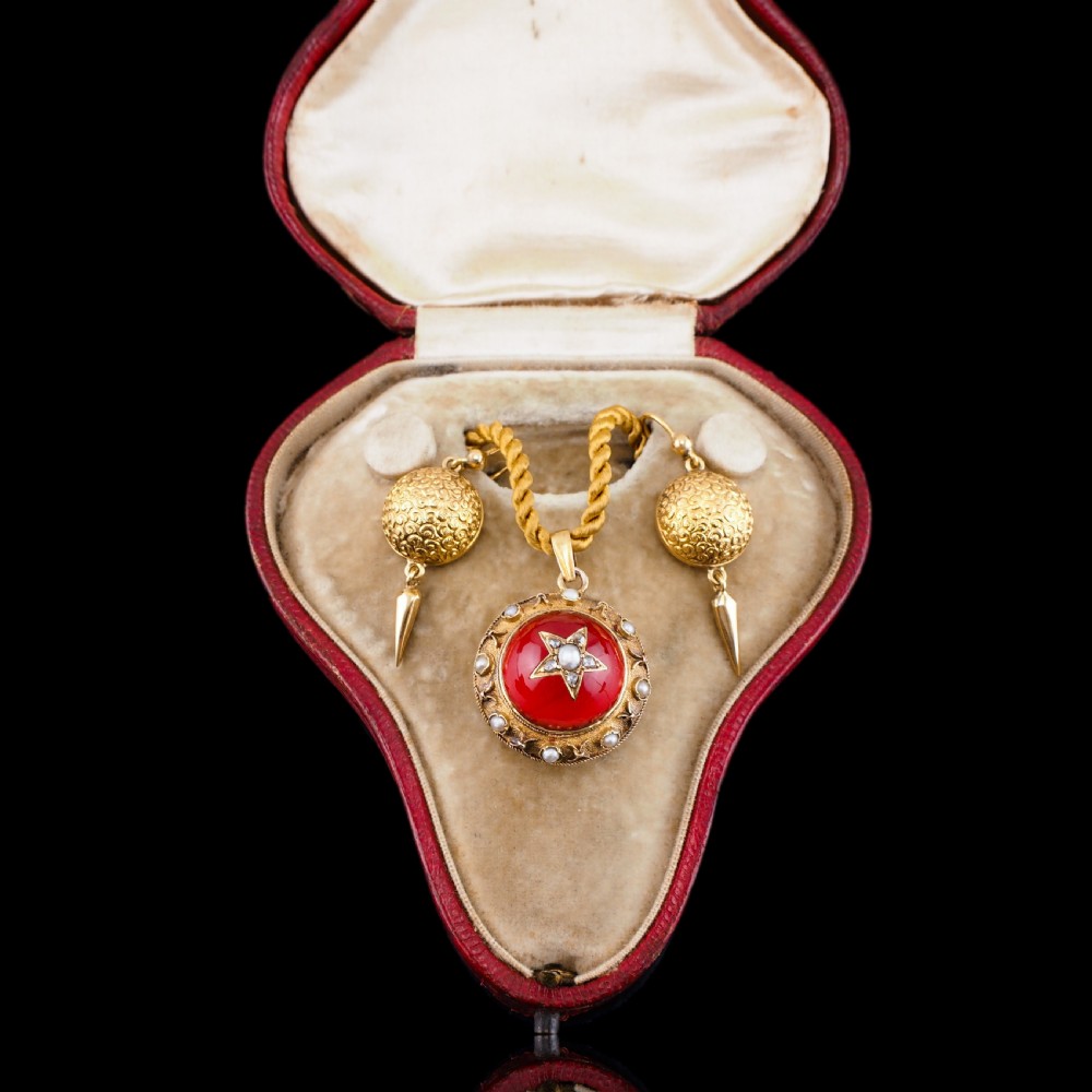 Antique Victorian Diamond & Pearl Star Necklace with Red Rock Crystal Cabochon 15ct Gold - c.1880 View XXX