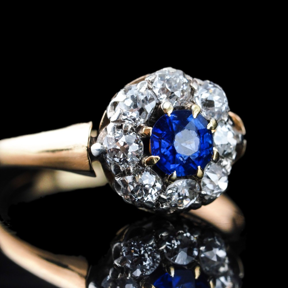 Antique Victorian Sapphire & Diamond 18ct Gold Cluster Ring - c.1900 View II