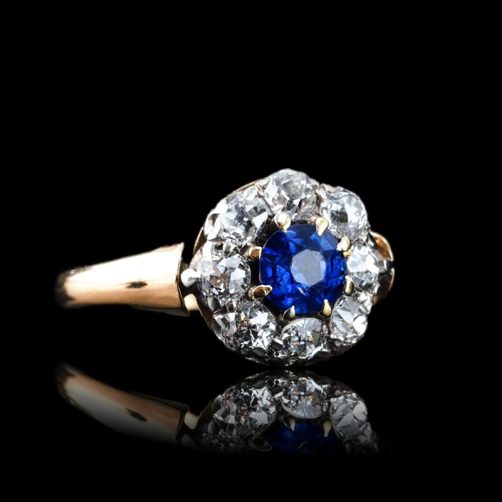 Antique Victorian Sapphire & Diamond 18ct Gold Cluster Ring - c.1900 View III