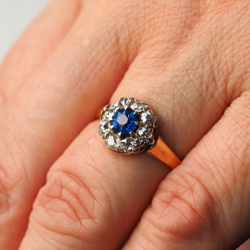Antique Victorian Sapphire & Diamond 18ct Gold Cluster Ring - c.1900 View XI