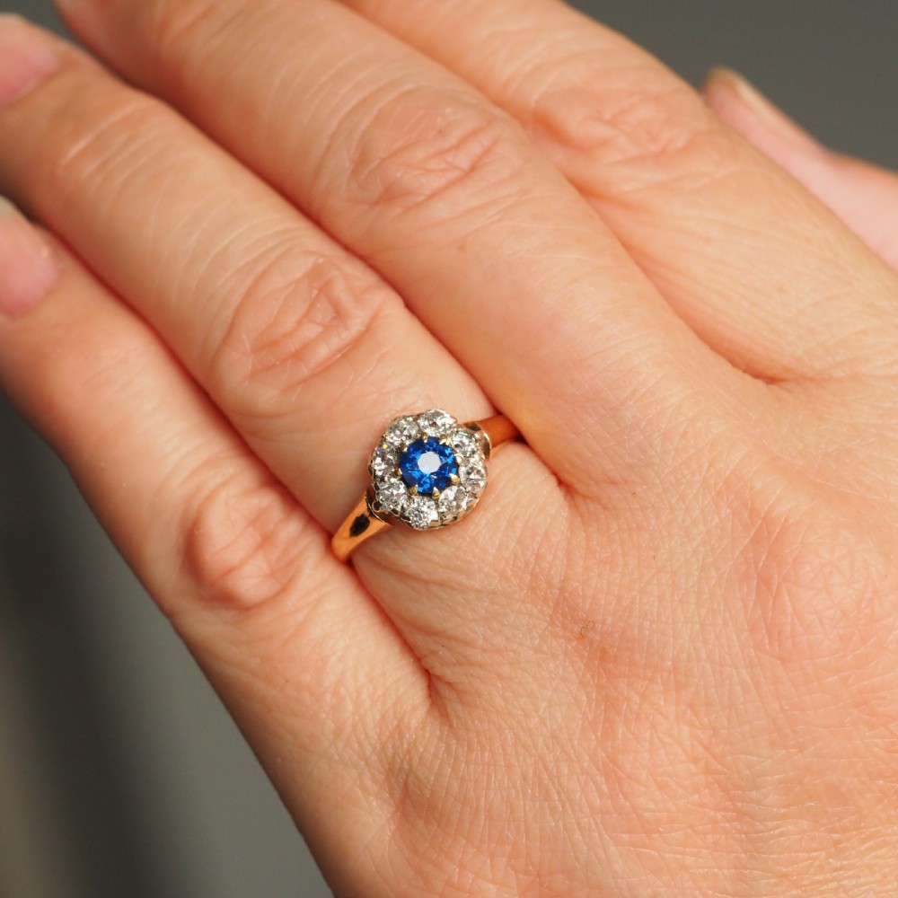 Antique Victorian Sapphire & Diamond 18ct Gold Cluster Ring - c.1900 View XII